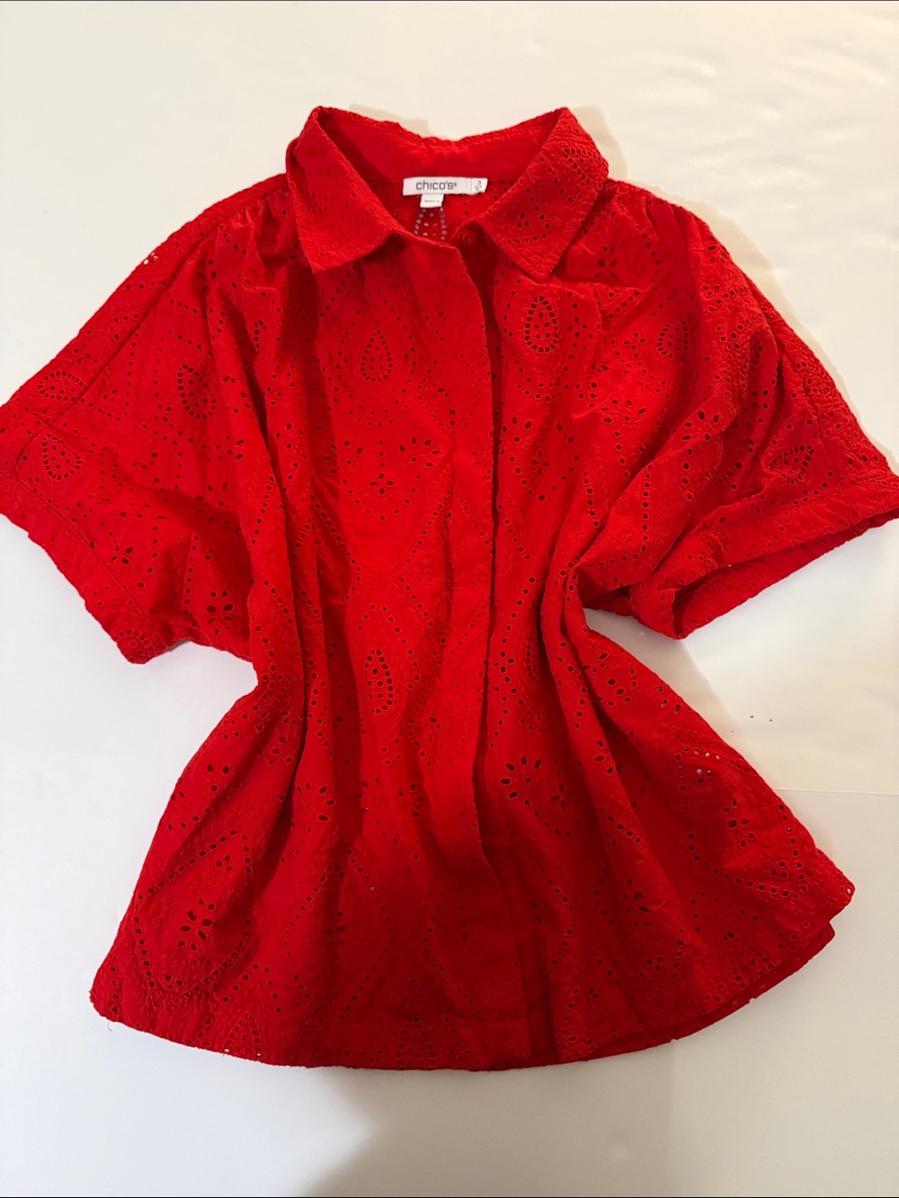 Chico's Vibrant Red Eyelet Button-Down Shirt